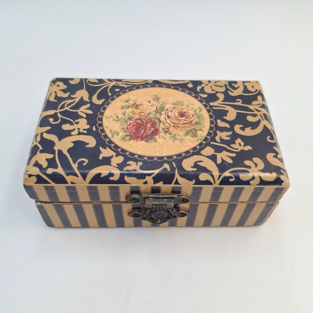 Vintage Small Wooden Jewelry Box Floral Rose Print Gold Foil Decoupage Latch